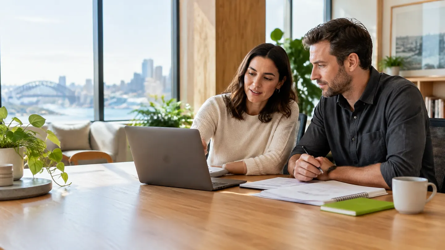 Two Australian business owners reviewing a sales pipeline together in a bright office