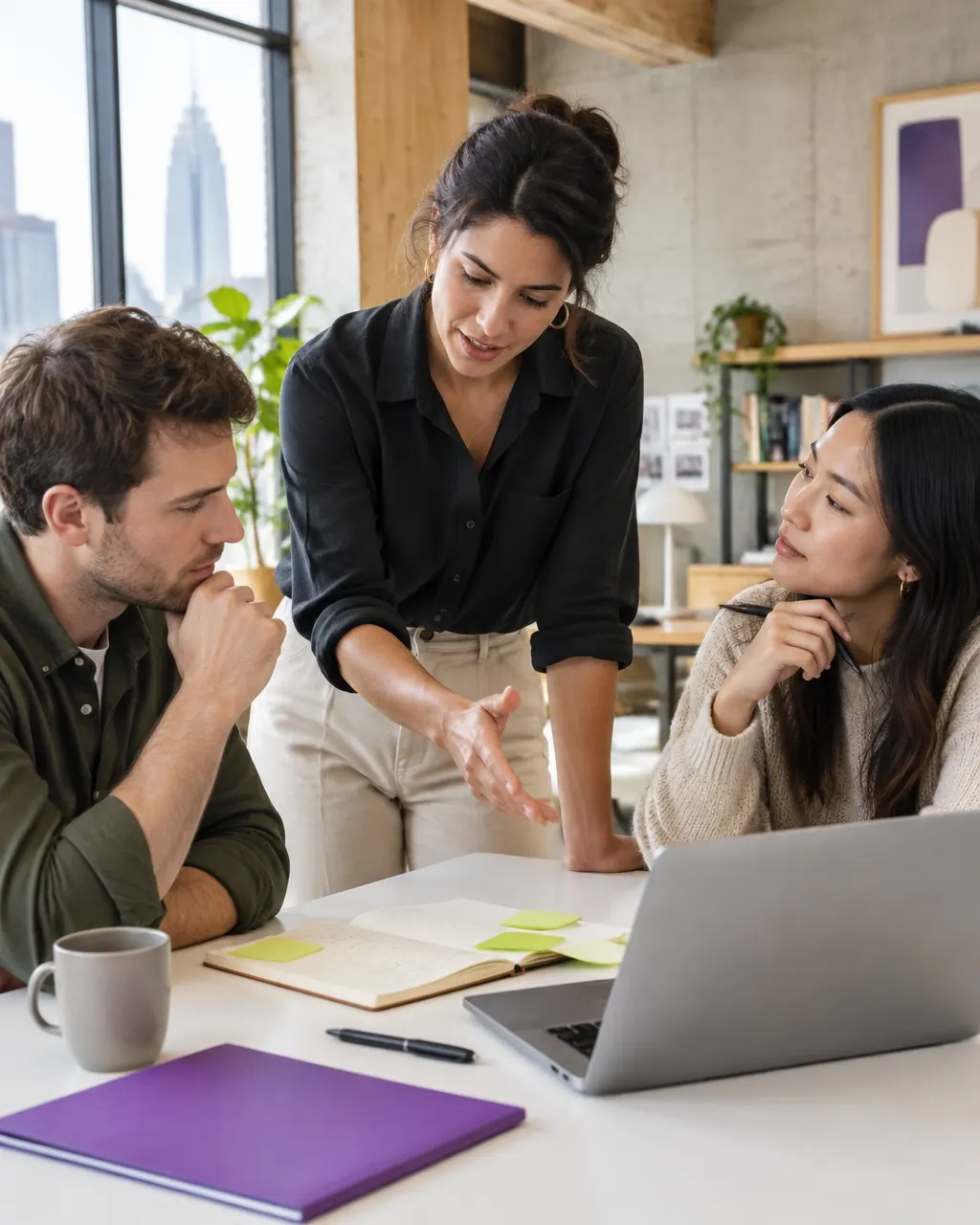 Three Australian sales professionals discussing a plan around a table
