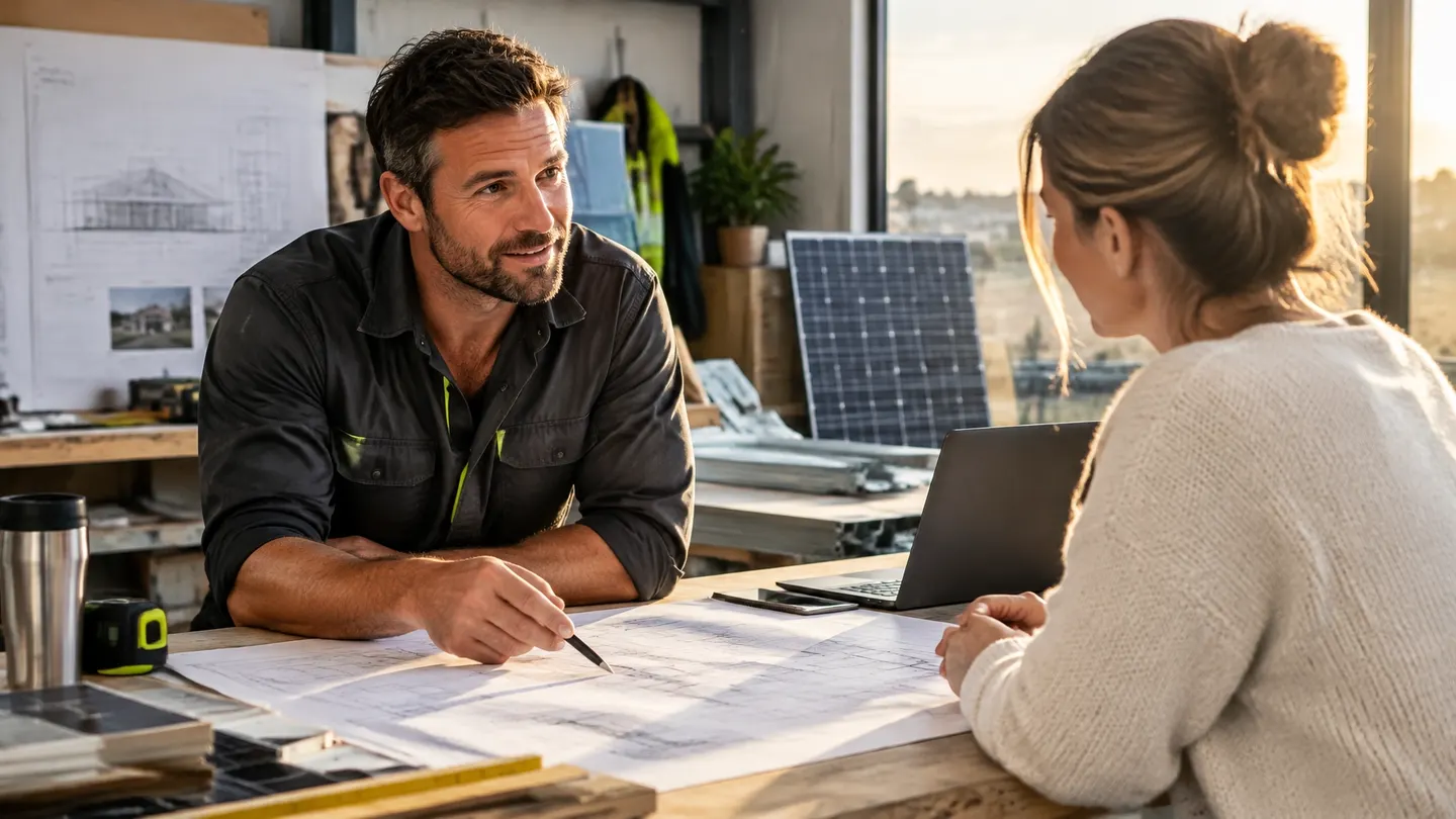 Australian trades business owner discussing a solar project with a client