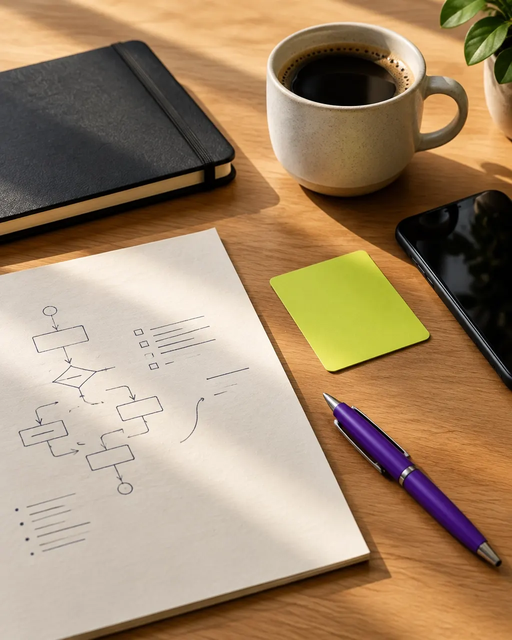 Desk with a notebook, workflow notes, coffee and bright lime and purple stationery